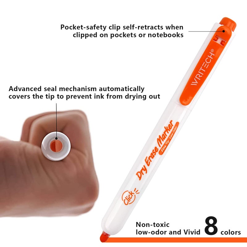 WRITECH Retractable Dry Erase Markers: Fine Tip Assorted Colors Low Odor Multi Colored Set Refillable Clickable Multicolor Thin Point Whiteboard Marker Bulk 12ct No Bleed Smear - Image 4